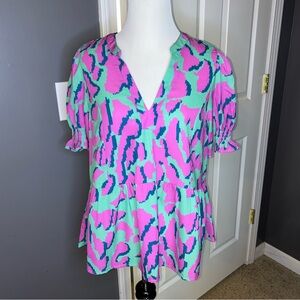 Umgee Teal Blue Purple Animal Print Peplum Short Sleeve Shirt Size Small